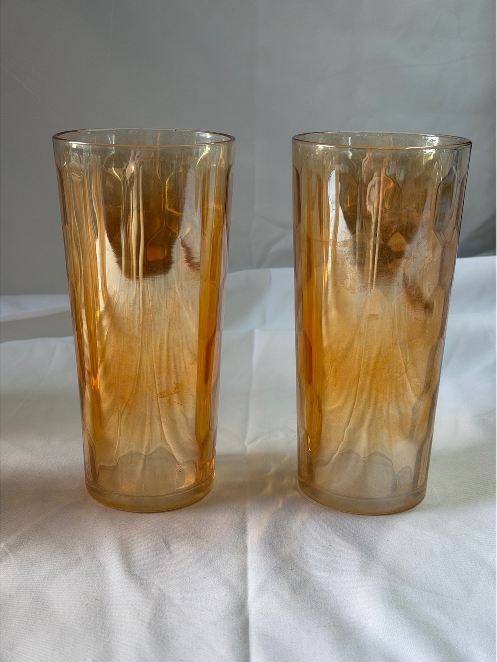Vintage Marigold Carnival Glass Set/2 Iridescent Optic Drinking Glass Tumblers